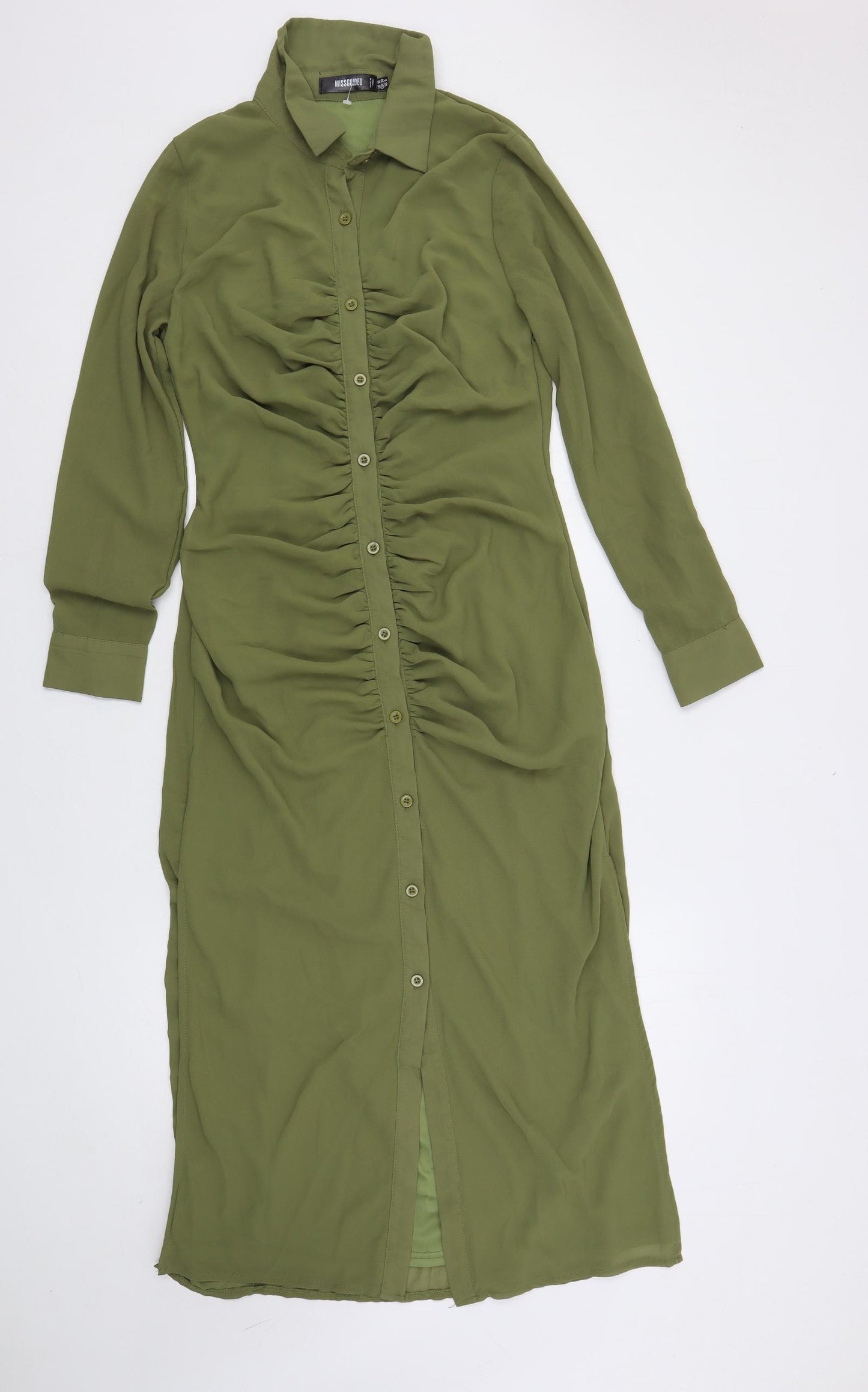 Missguided Womens Green Polyester Shirt Dress Size 10 Collared Button - Ruched