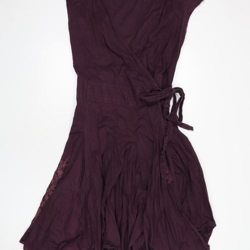 Fat Face Womens Purple Cotton Wrap Dress Size 14 V-Neck Tie - Floral Embroidery