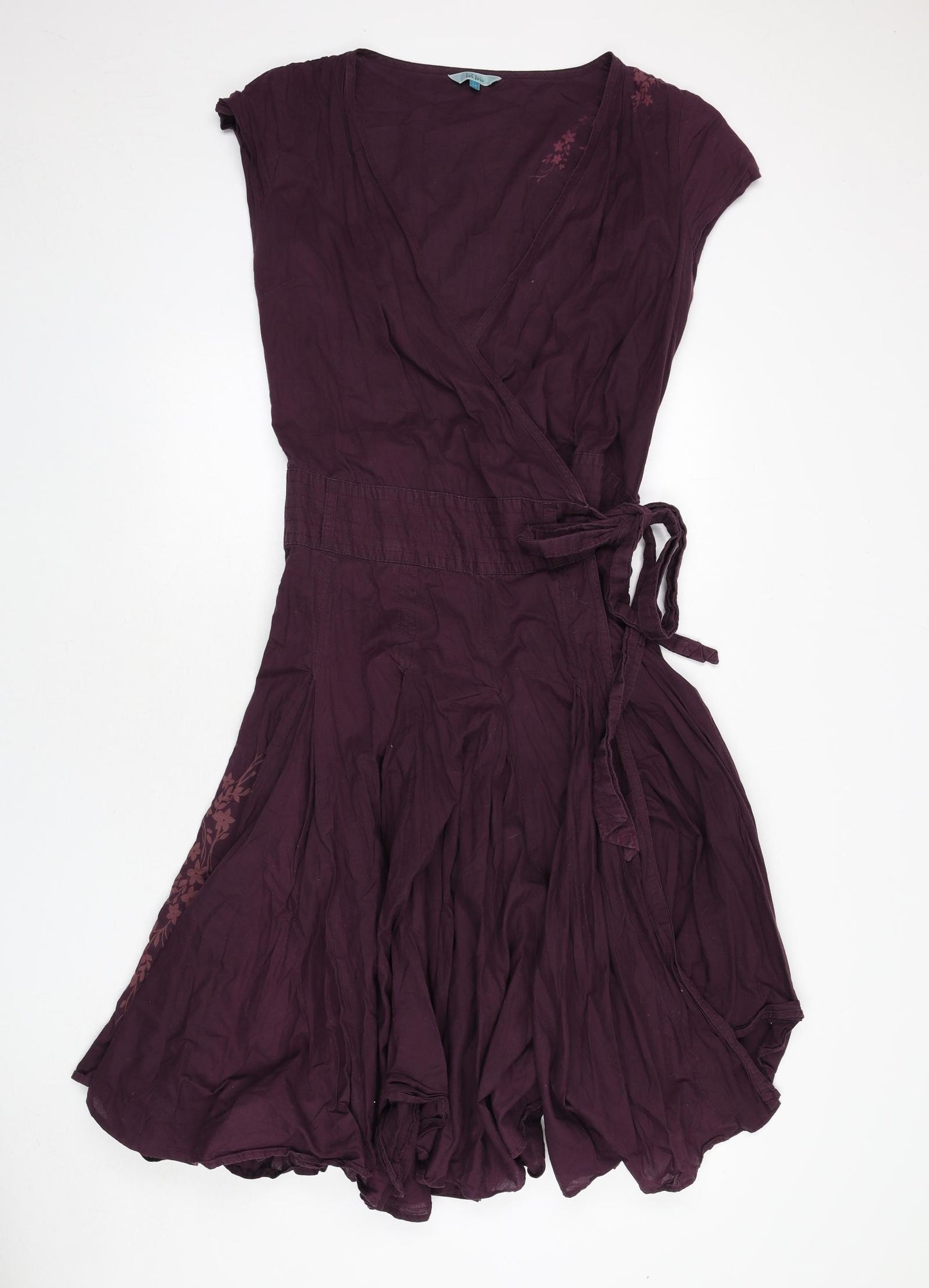 Fat Face Womens Purple Cotton Wrap Dress Size 14 V-Neck Tie - Floral Embroidery