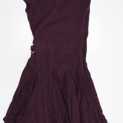 Fat Face Womens Purple Cotton Wrap Dress Size 14 V-Neck Tie - Floral Embroidery