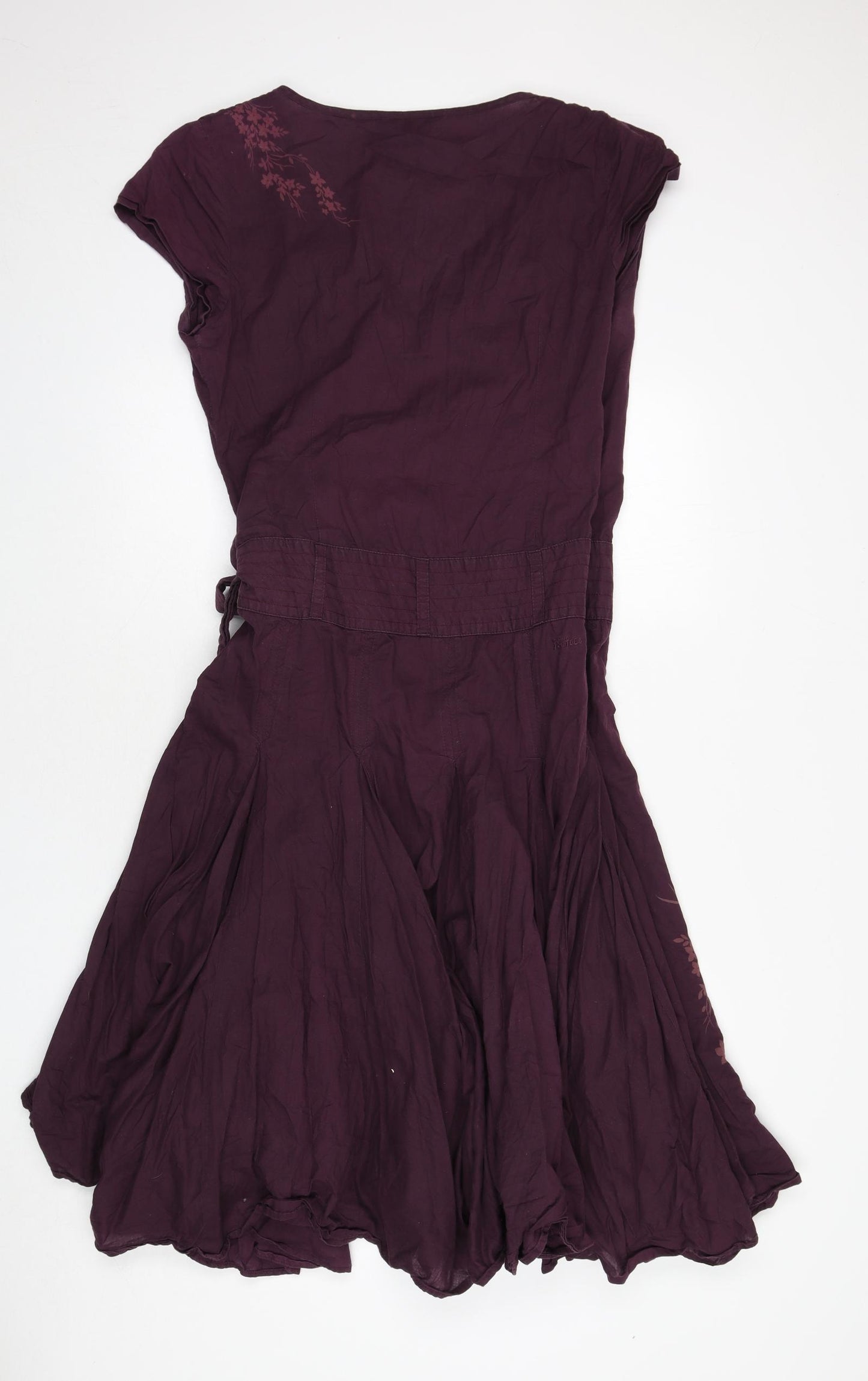 Fat Face Womens Purple Cotton Wrap Dress Size 14 V-Neck Tie - Floral Embroidery