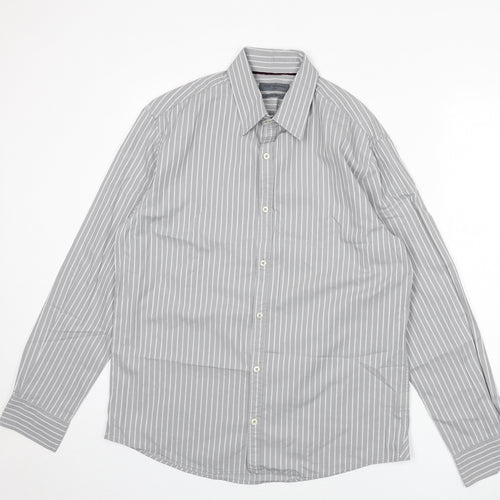 NEXT Mens Grey Striped Cotton Button-Up Size L Collared Button