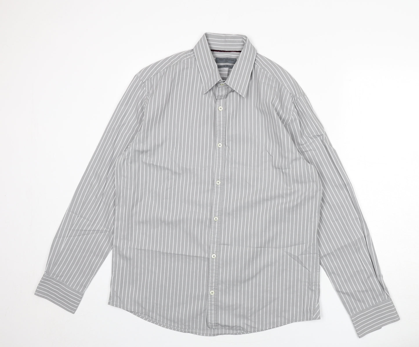 NEXT Mens Grey Striped Cotton Button-Up Size L Collared Button