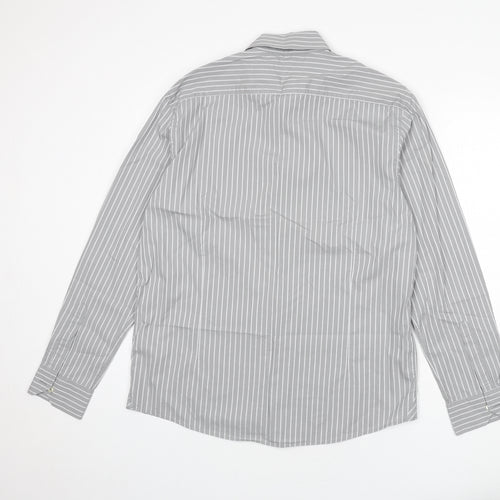 NEXT Mens Grey Striped Cotton Button-Up Size L Collared Button