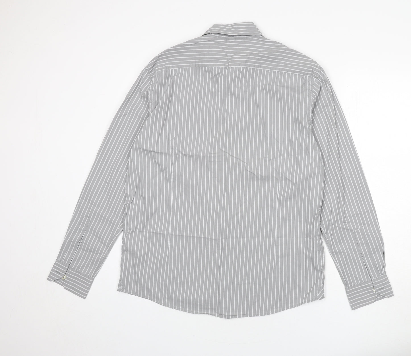 NEXT Mens Grey Striped Cotton Button-Up Size L Collared Button