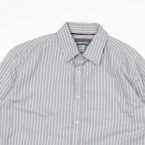 NEXT Mens Grey Striped Cotton Button-Up Size L Collared Button