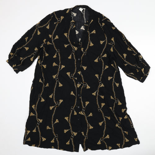 H&M Womens Black Geometric Viscose Shirt Dress Size 14 V-Neck Button