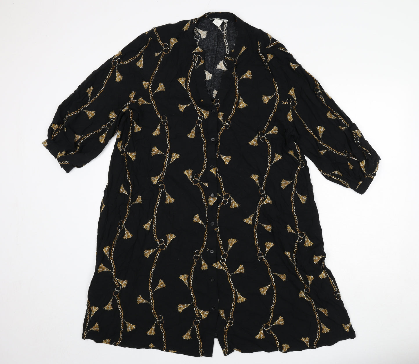 H&M Womens Black Geometric Viscose Shirt Dress Size 14 V-Neck Button