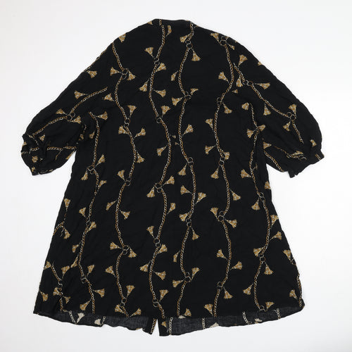 H&M Womens Black Geometric Viscose Shirt Dress Size 14 V-Neck Button