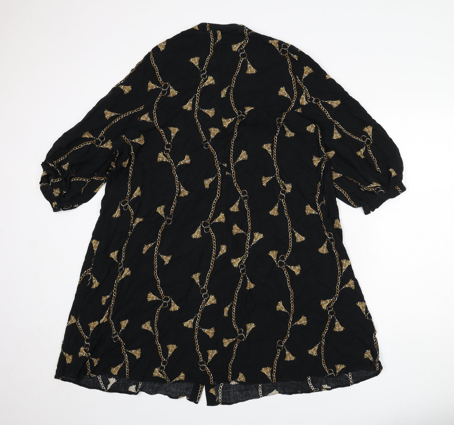 H&M Womens Black Geometric Viscose Shirt Dress Size 14 V-Neck Button