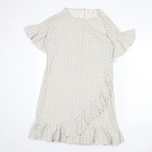H&M Womens Beige Geometric Cotton A-Line Size 12 Round Neck Zip - Ruffle Detail
