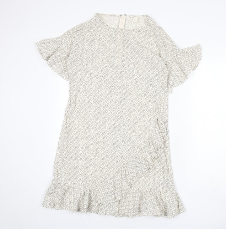 H&M Womens Beige Geometric Cotton A-Line Size 12 Round Neck Zip - Ruffle Detail