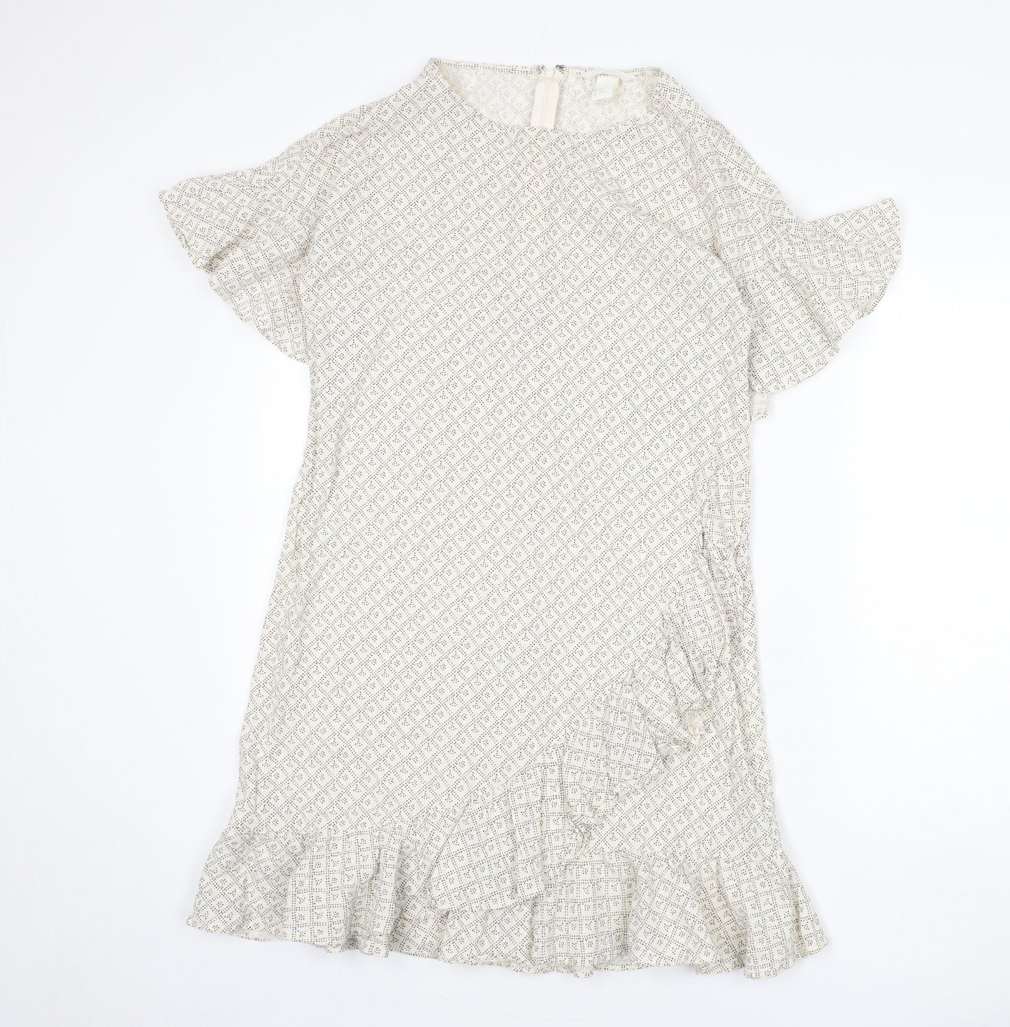 H&M Womens Beige Geometric Cotton A-Line Size 12 Round Neck Zip - Ruffle Detail