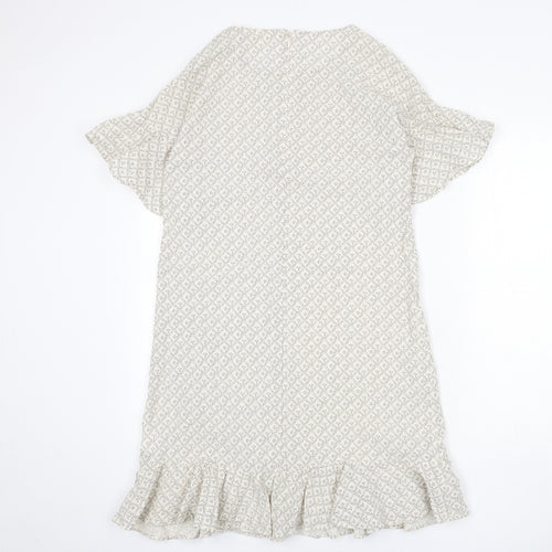 H&M Womens Beige Geometric Cotton A-Line Size 12 Round Neck Zip - Ruffle Detail
