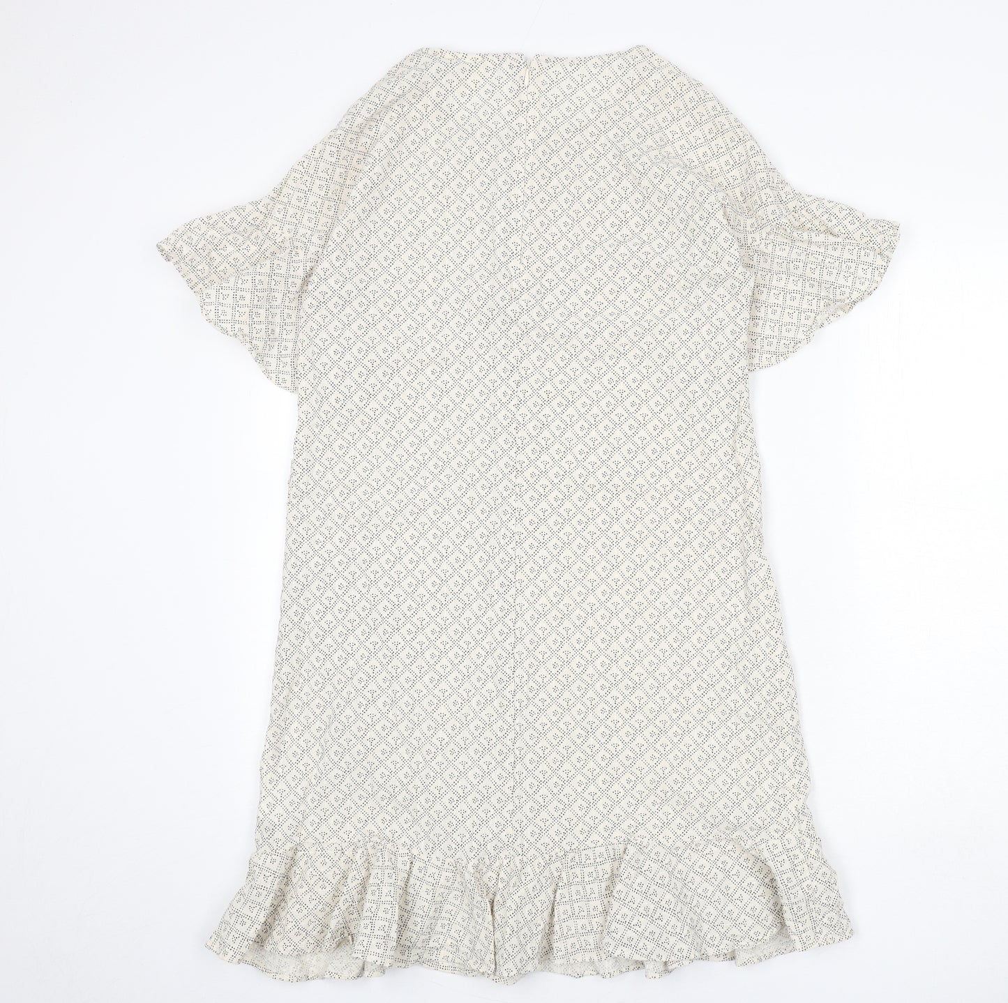 H&M Womens Beige Geometric Cotton A-Line Size 12 Round Neck Zip - Ruffle Detail