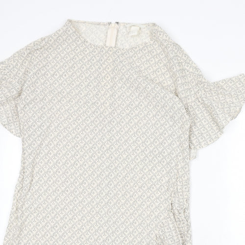 H&M Womens Beige Geometric Cotton A-Line Size 12 Round Neck Zip - Ruffle Detail