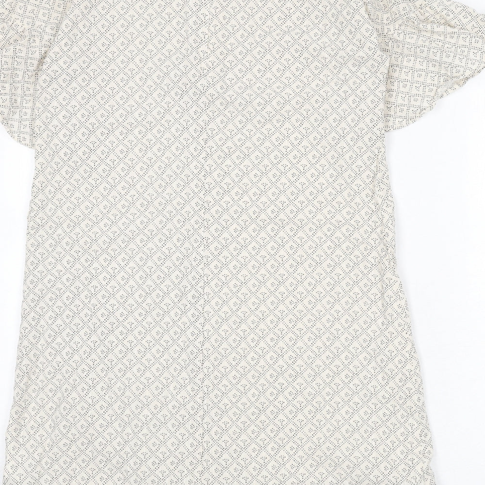 H&M Womens Beige Geometric Cotton A-Line Size 12 Round Neck Zip - Ruffle Detail