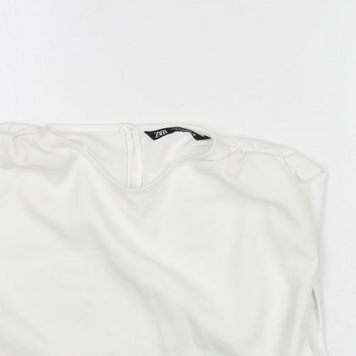 Zara Womens White Polyester Cropped Blouse Size M Round Neck