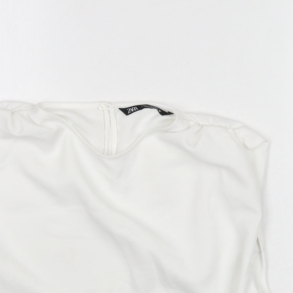 Zara Womens White Polyester Cropped Blouse Size M Round Neck