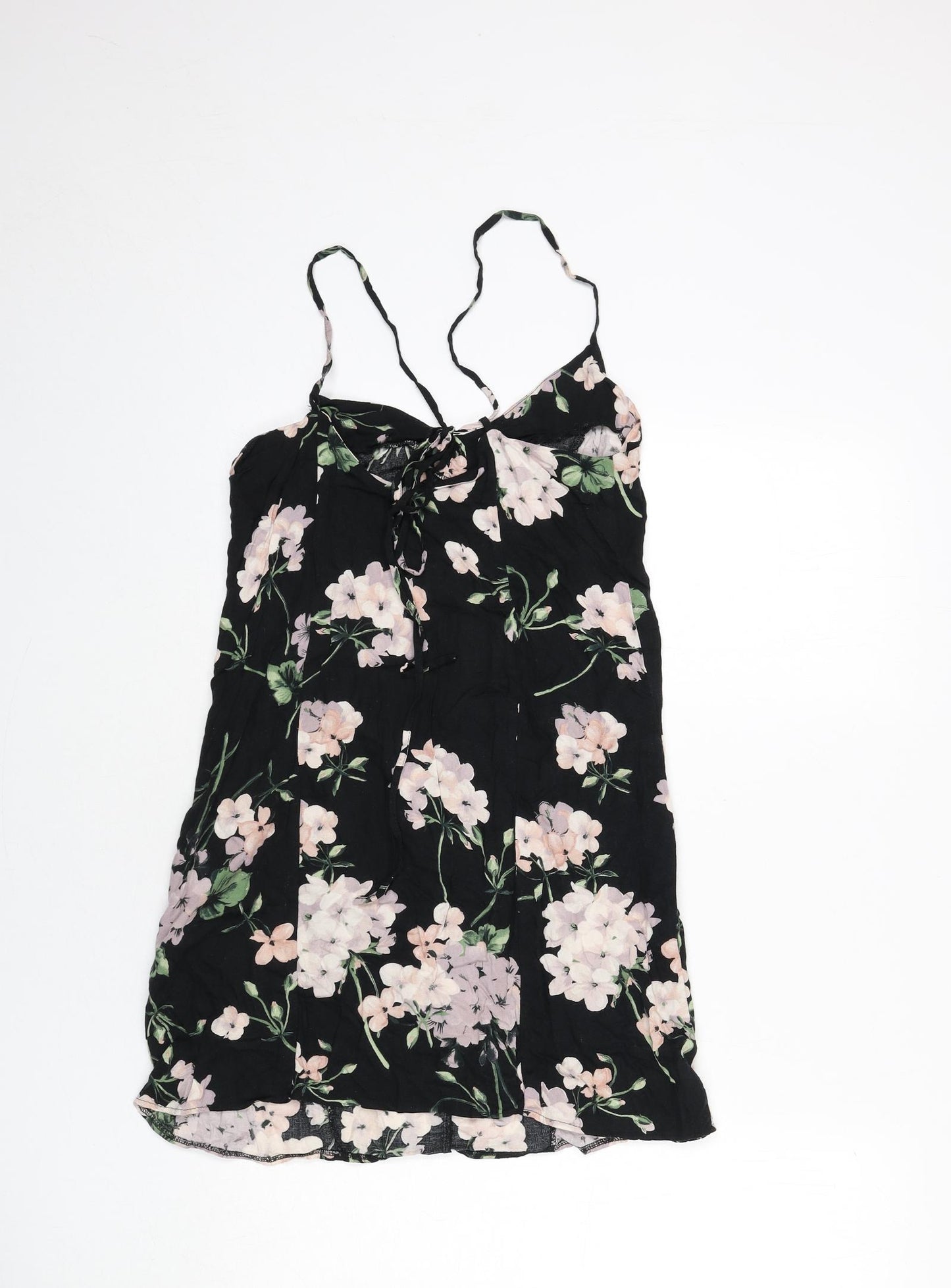 ASOS Womens Black Floral Viscose Mini Size 8 Scoop Neck Tie