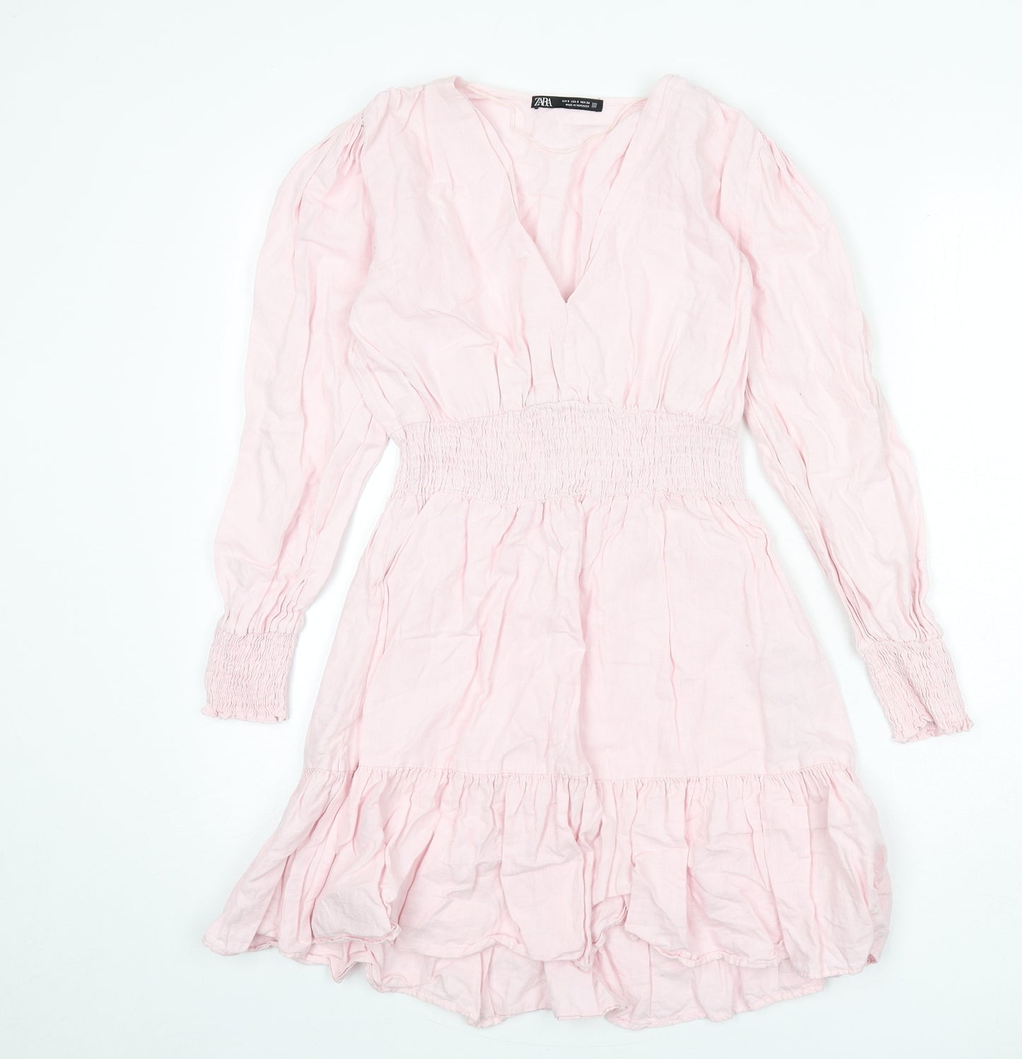 Zara Womens Pink Linen A-Line Size S V-Neck Pullover - Shirred Detail