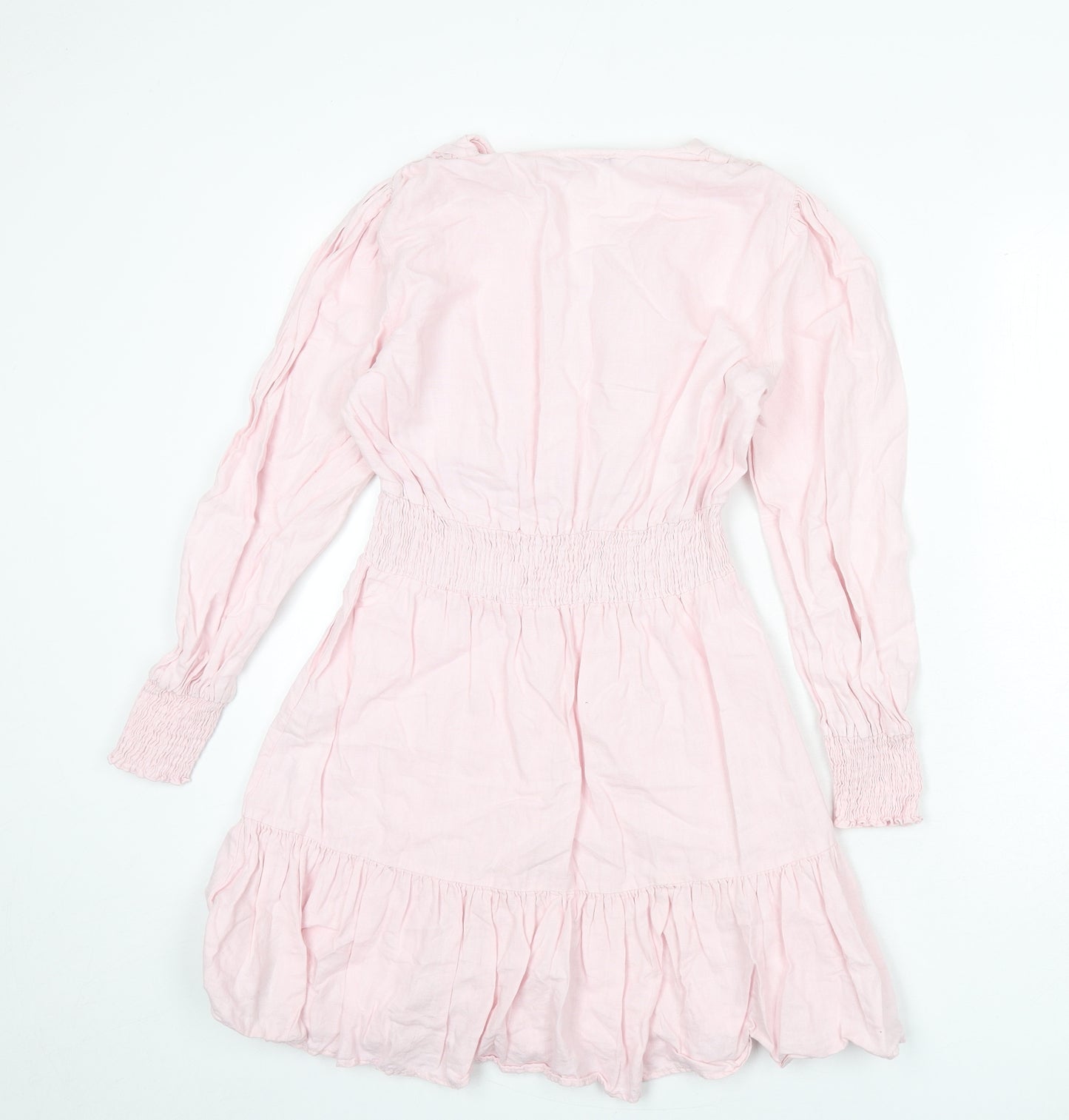 Zara Womens Pink Linen A-Line Size S V-Neck Pullover - Shirred Detail