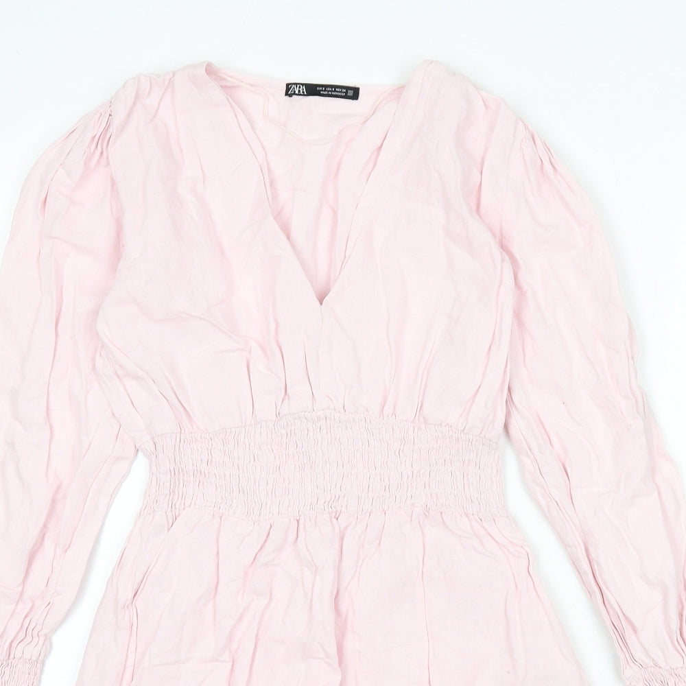Zara Womens Pink Linen A-Line Size S V-Neck Pullover - Shirred Detail