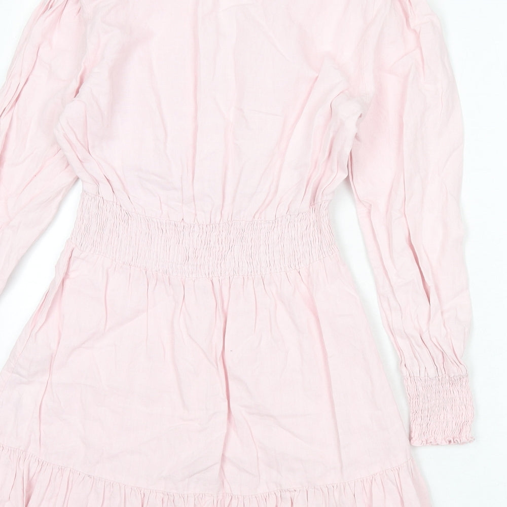 Zara Womens Pink Linen A-Line Size S V-Neck Pullover - Shirred Detail