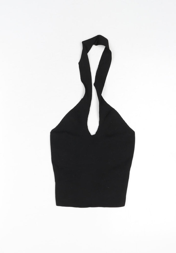 Bershka Womens Black Polyester Cropped T-Shirt Size XS Halter