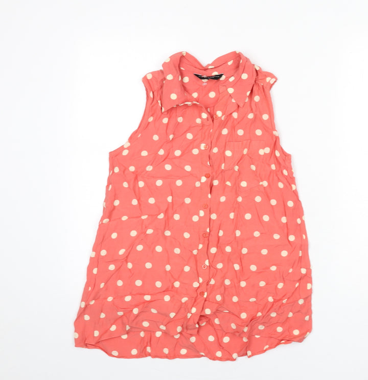 Dorothy Perkins Womens Pink Polka Dot Viscose Basic Button-Up Size 8 Collared - Tank