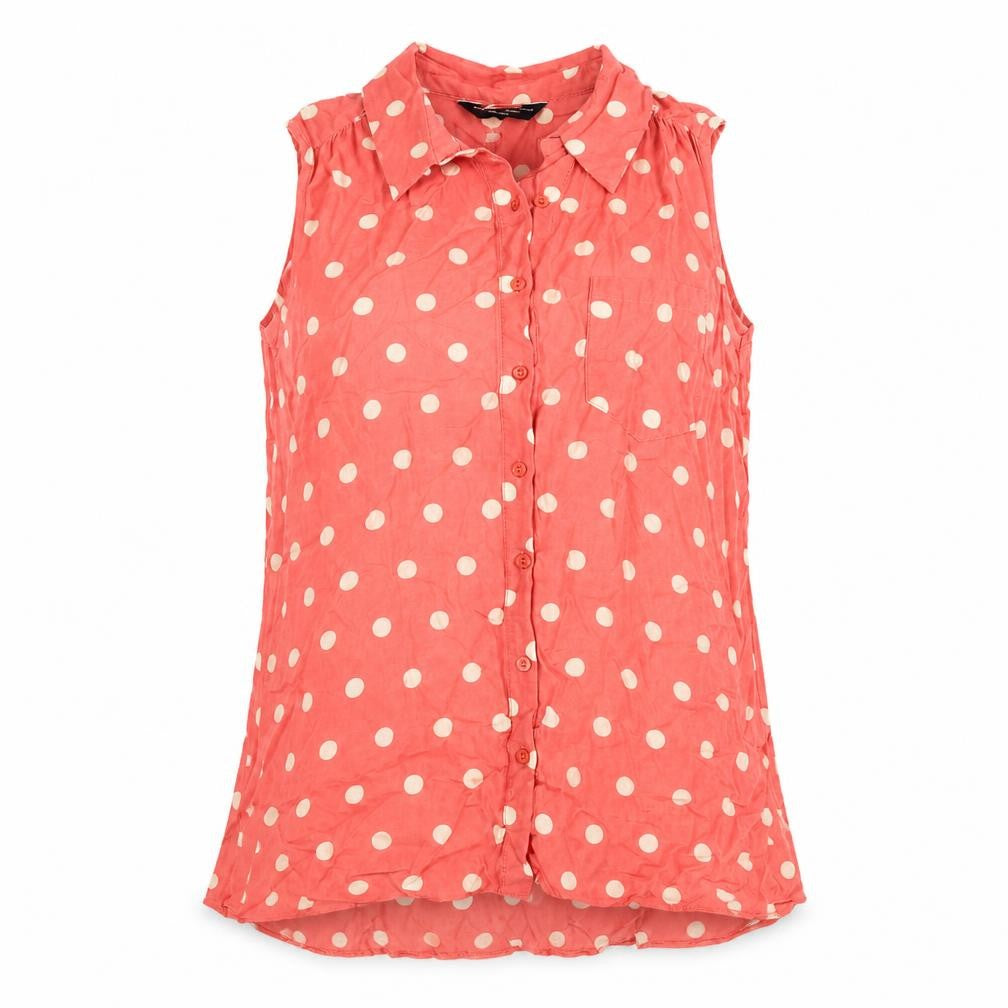Front view of Dorothy Perkins women’s pink polka dot viscose basic button-up, size UK 8, collared - tank