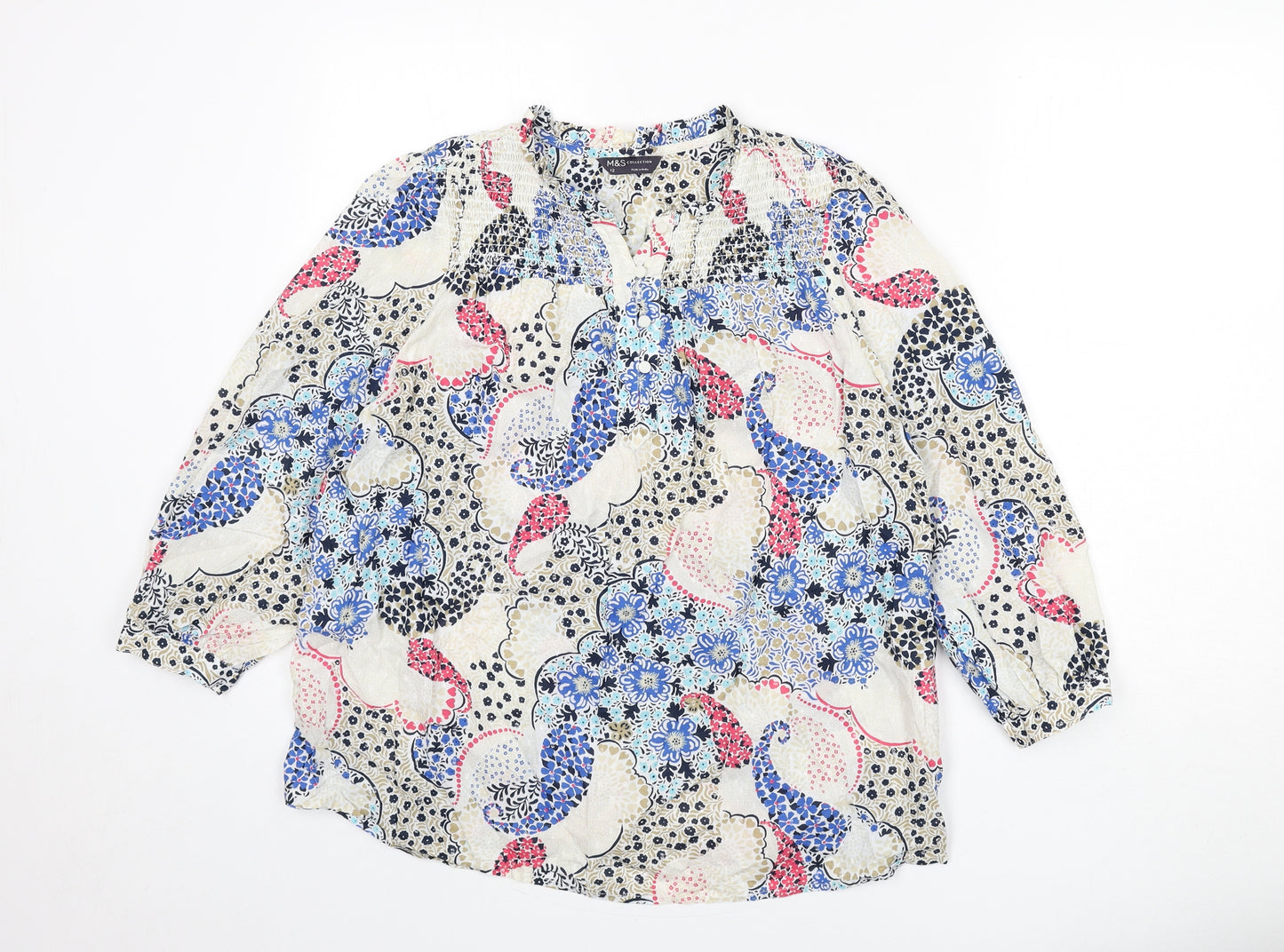 Marks and Spencer Womens Multicoloured Floral Cotton Basic Blouse Size 12 V-Neck
