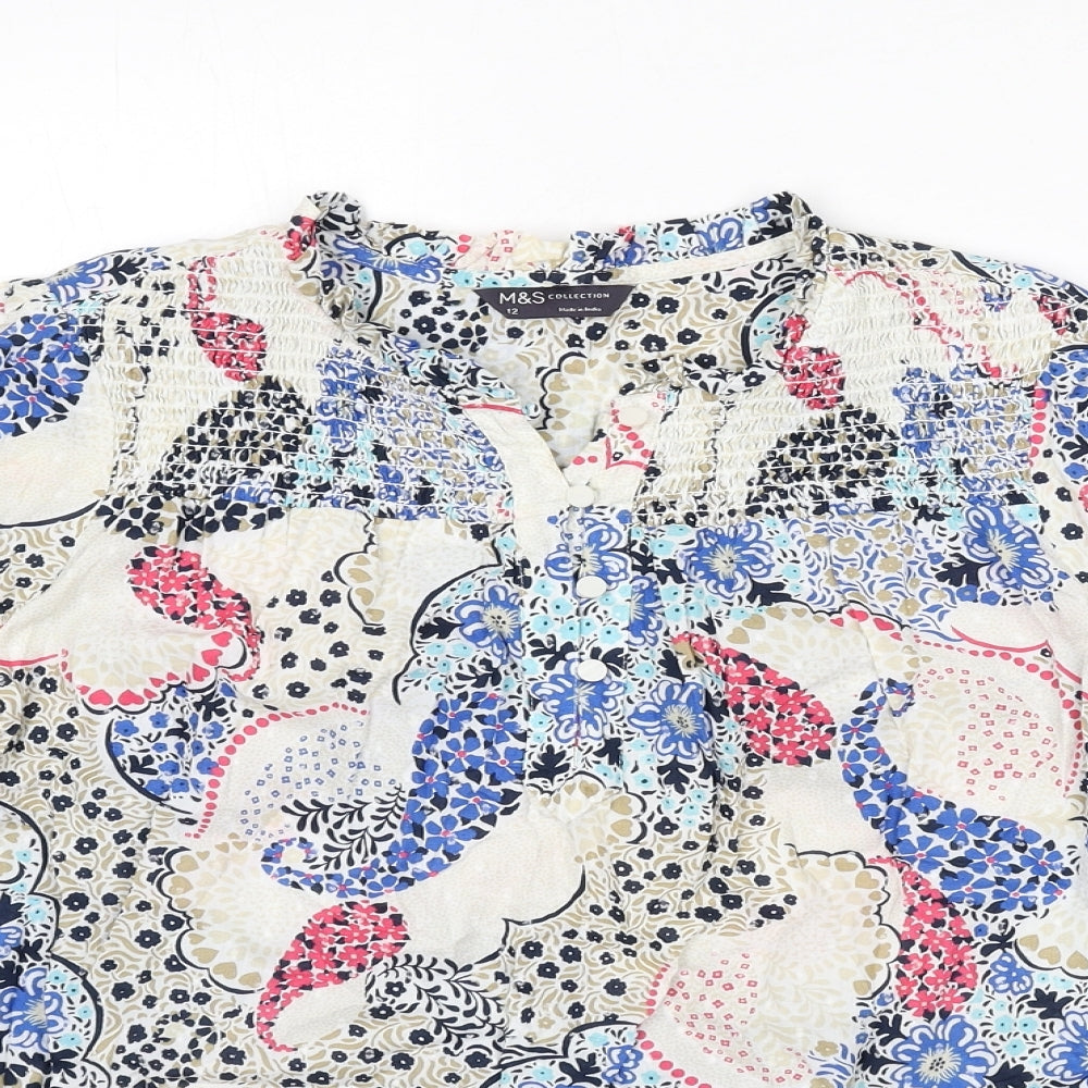 Marks and Spencer Womens Multicoloured Floral Cotton Basic Blouse Size 12 V-Neck