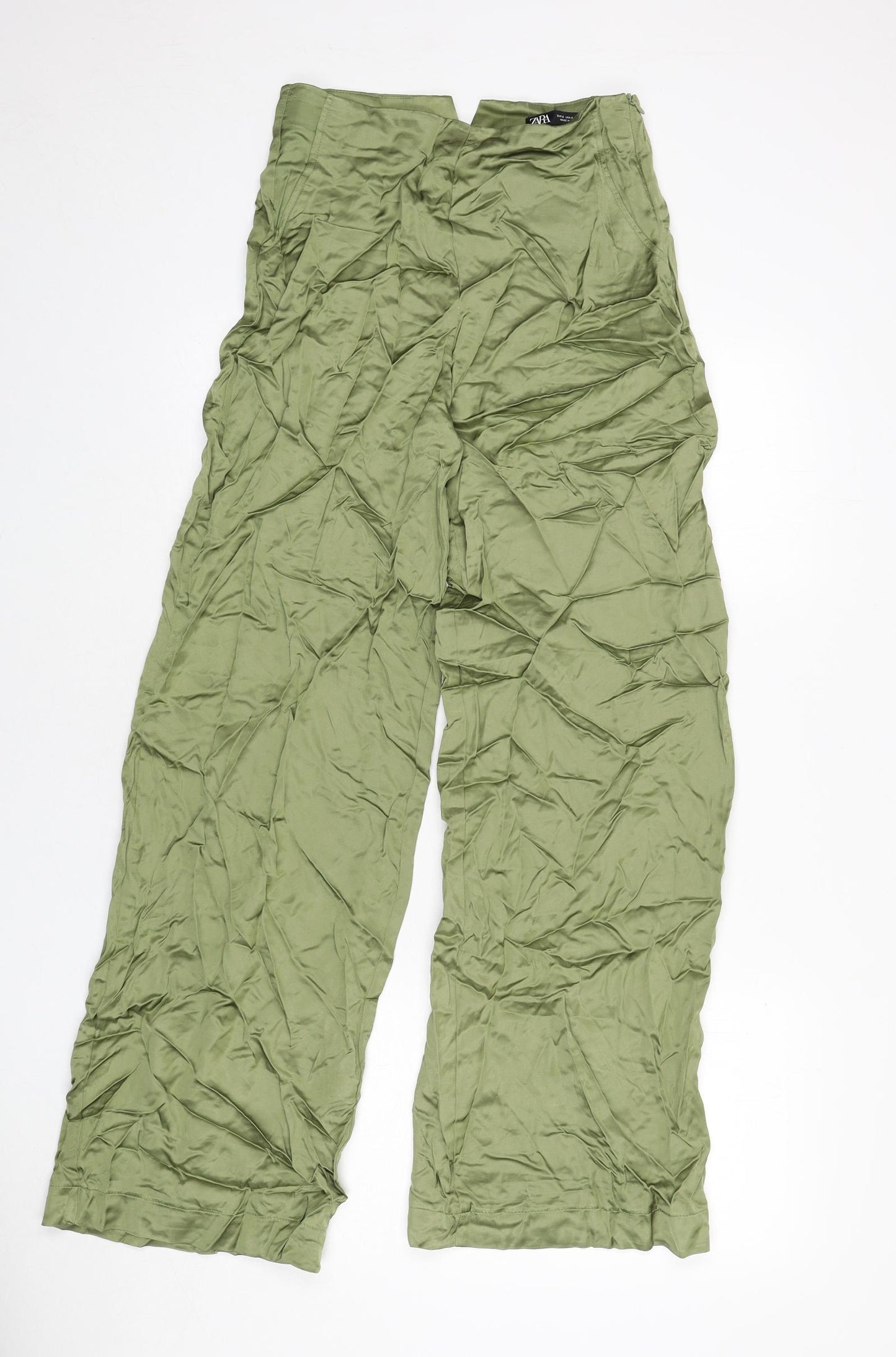 Zara Womens Green Viscose Trousers Size S L30 in Regular Zip