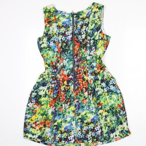 Boohoo Womens Multicoloured Floral Polyester Fit & Flare Size 8 Round Neck Zip