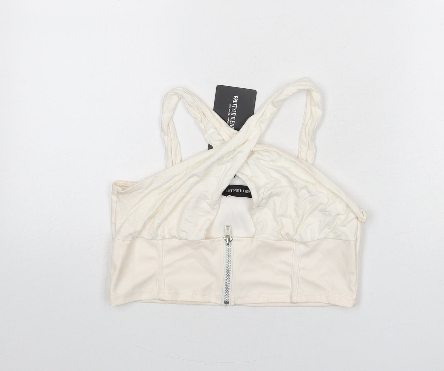 PRETTYLITTLETHING Womens Beige Polyester Cropped T-Shirt Size 12 Halter