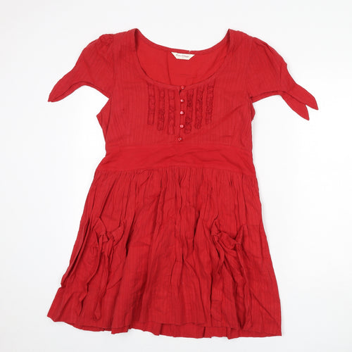Miss Selfridge Womens Red Striped Cotton A-Line Size 12 Round Neck Zip - Tie Detail