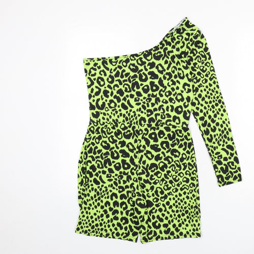 I SAW IT FIRST Womens Green Animal Print Polyester Romper One-Piece Size 10 L6 in Pullover - Leopard Print