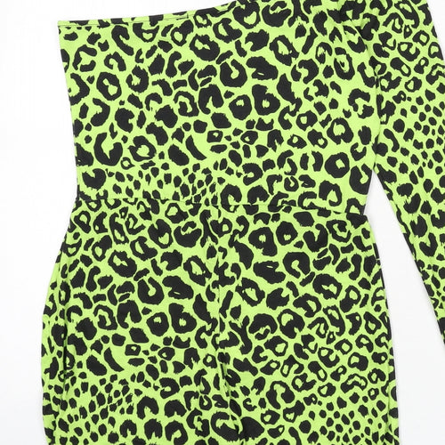 I SAW IT FIRST Womens Green Animal Print Polyester Romper One-Piece Size 10 L6 in Pullover - Leopard Print