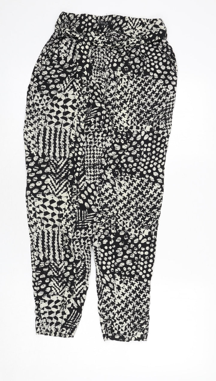 Stella Morgan Womens Black Geometric Viscose Trousers Size 8 L27 in Regular - Belted