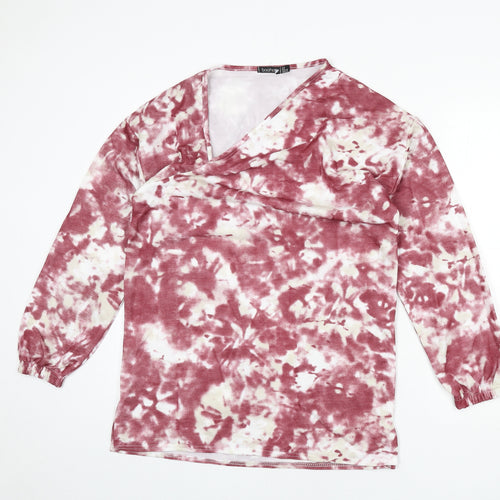 Boohoo Womens Red Geometric Polyester Tunic T-Shirt Size 8 V-Neck - Tie Dye, Asymmetric Neckline