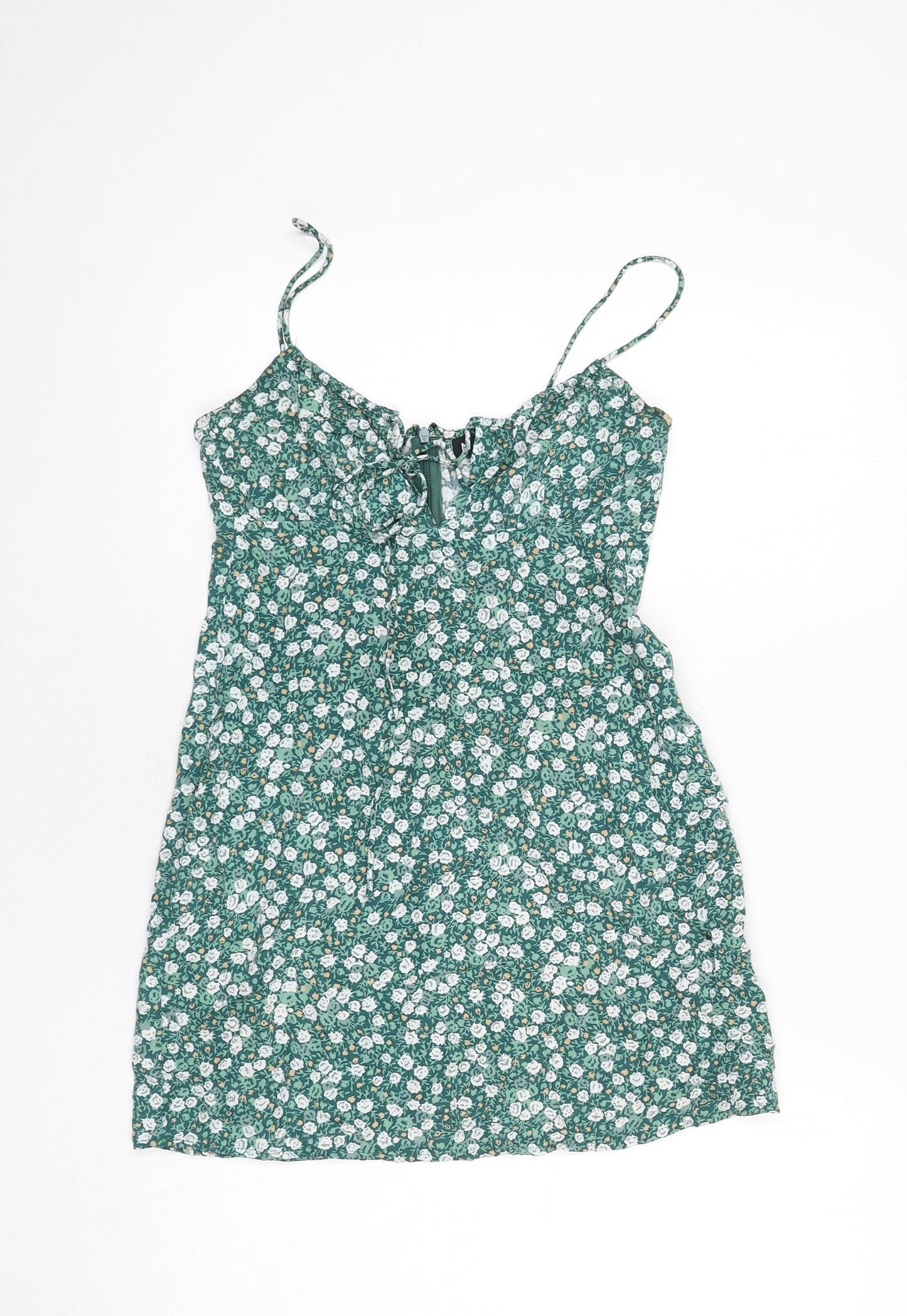 Motel Womens Green Floral Viscose Mini Size XS Scoop Neck Zip - Tie Detail
