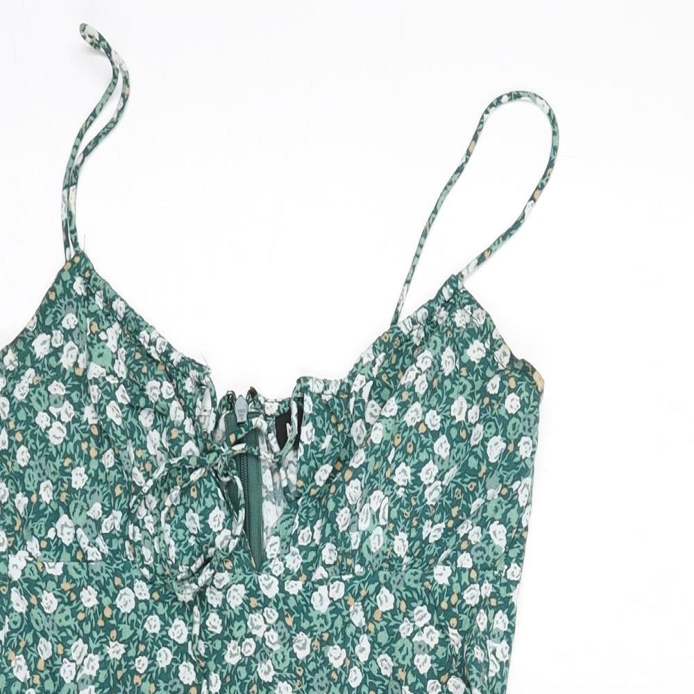 Motel Womens Green Floral Viscose Mini Size XS Scoop Neck Zip - Tie Detail