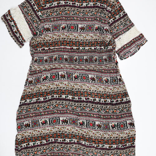 Cotton Traders Womens Multicoloured Geometric Viscose A-Line Size 24 V-Neck Pullover - Lace Detail