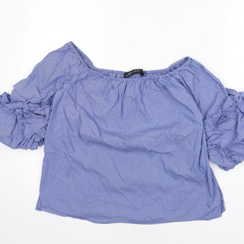 Zara Womens Blue Striped Cotton Basic Blouse Size XS Off the Shoulder - Ruffle Sleeves