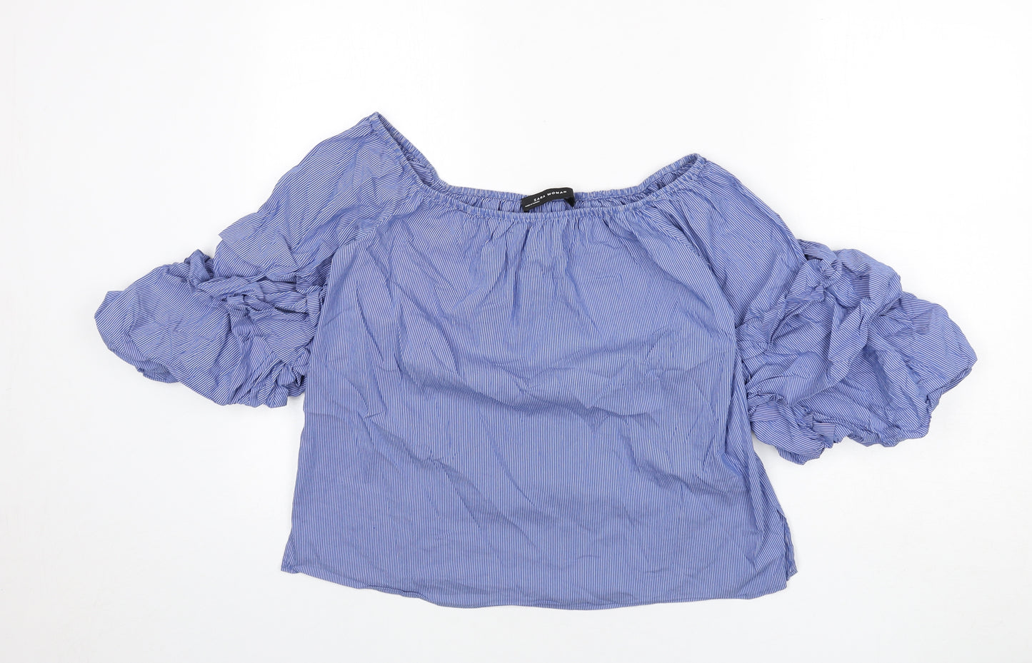 Zara Womens Blue Striped Cotton Basic Blouse Size XS Off the Shoulder - Ruffle Sleeves