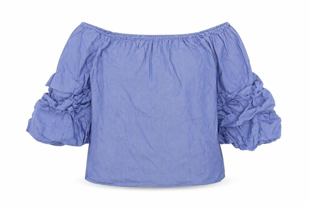 Front view of Zara women’s blue striped cotton basic blouse, size XS, off the shoulder - ruffle sleeves