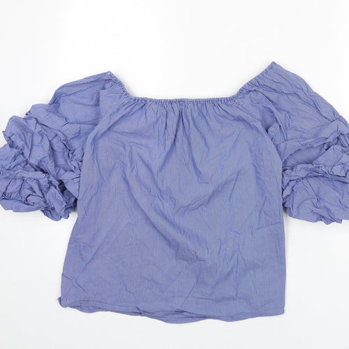 Zara Womens Blue Striped Cotton Basic Blouse Size XS Off the Shoulder - Ruffle Sleeves