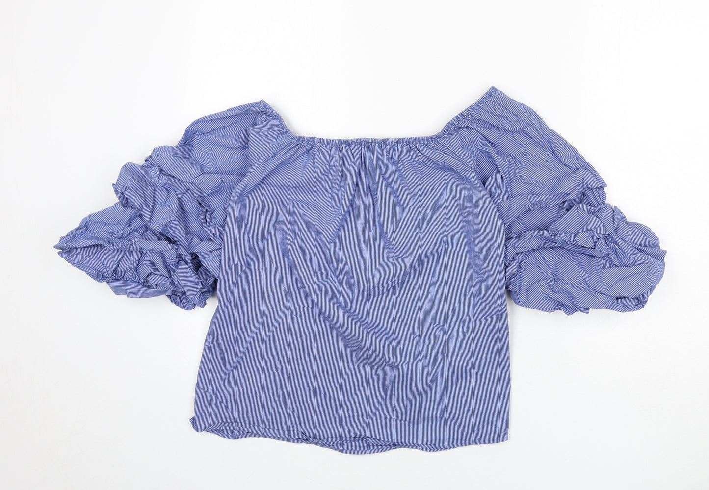Zara Womens Blue Striped Cotton Basic Blouse Size XS Off the Shoulder - Ruffle Sleeves