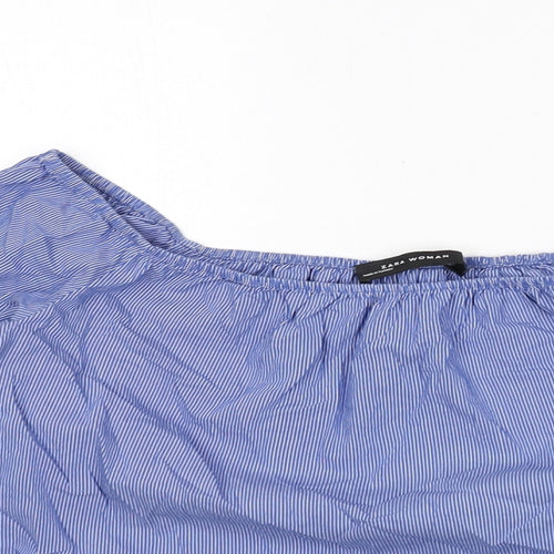 Zara Womens Blue Striped Cotton Basic Blouse Size XS Off the Shoulder - Ruffle Sleeves